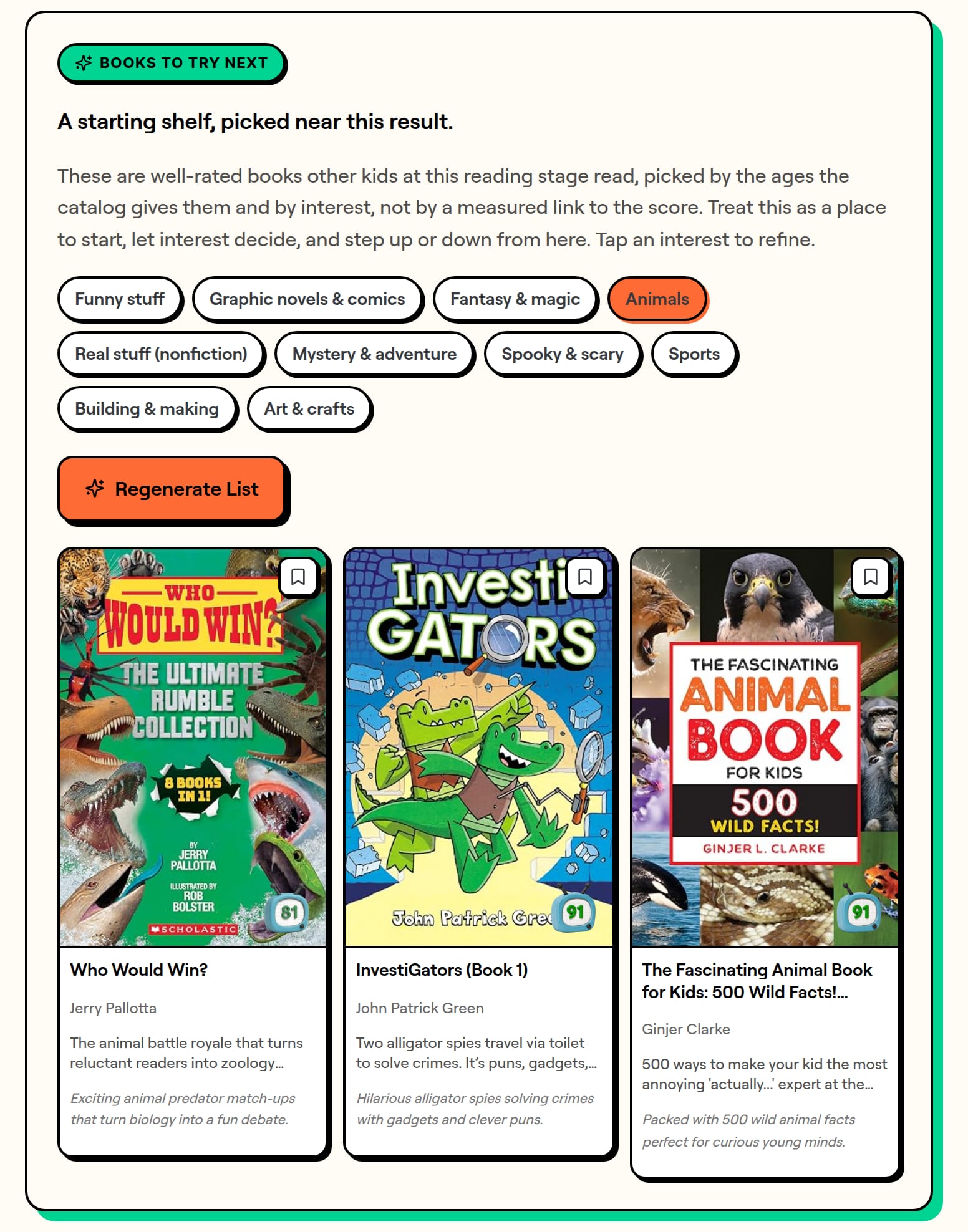 A shelf of book picks for the reader, with covers, WISE scores, and interest filters such as Animals and Sports.