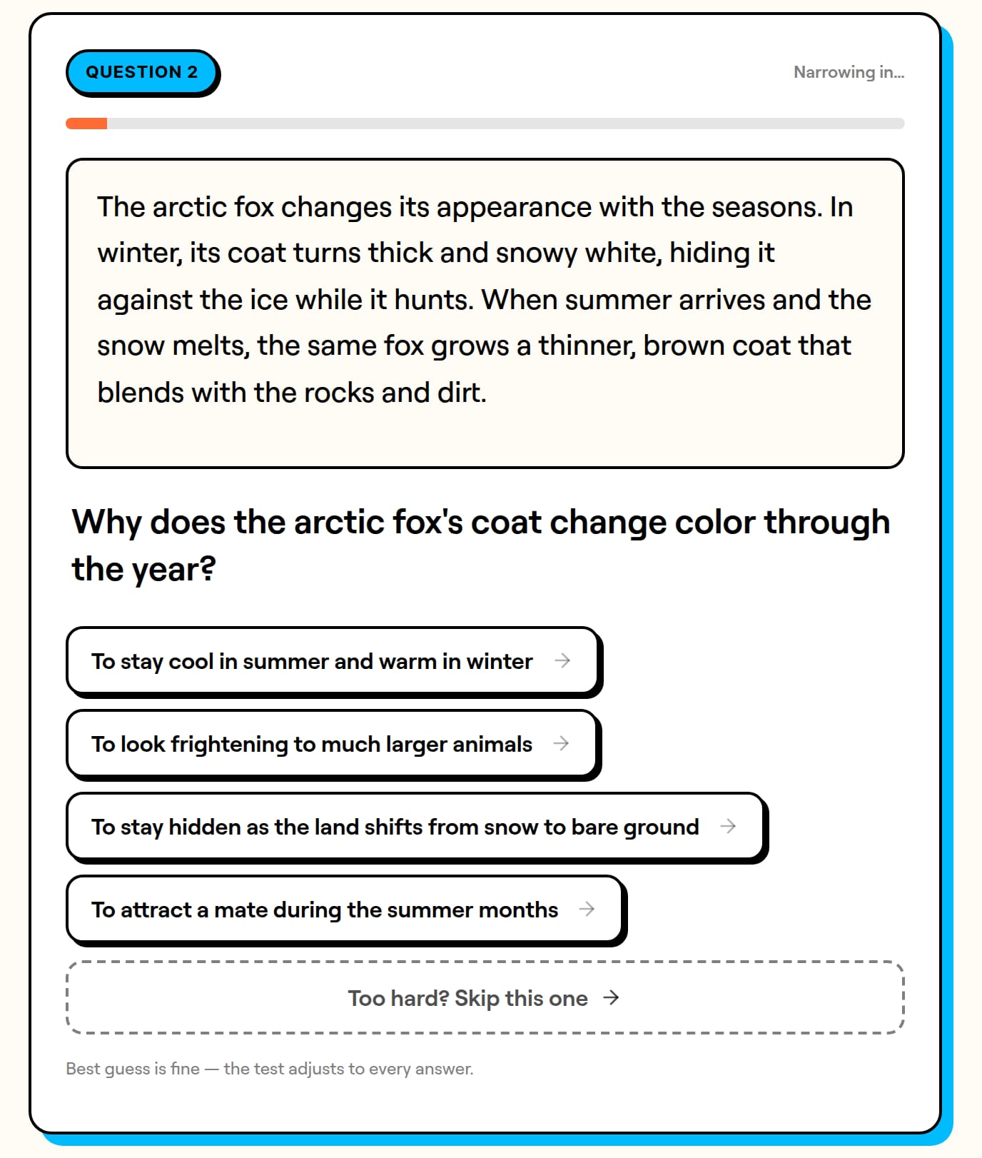 A reading check question for a younger reader: a short paragraph about the arctic fox, then a multiple-choice question about why its coat changes color.