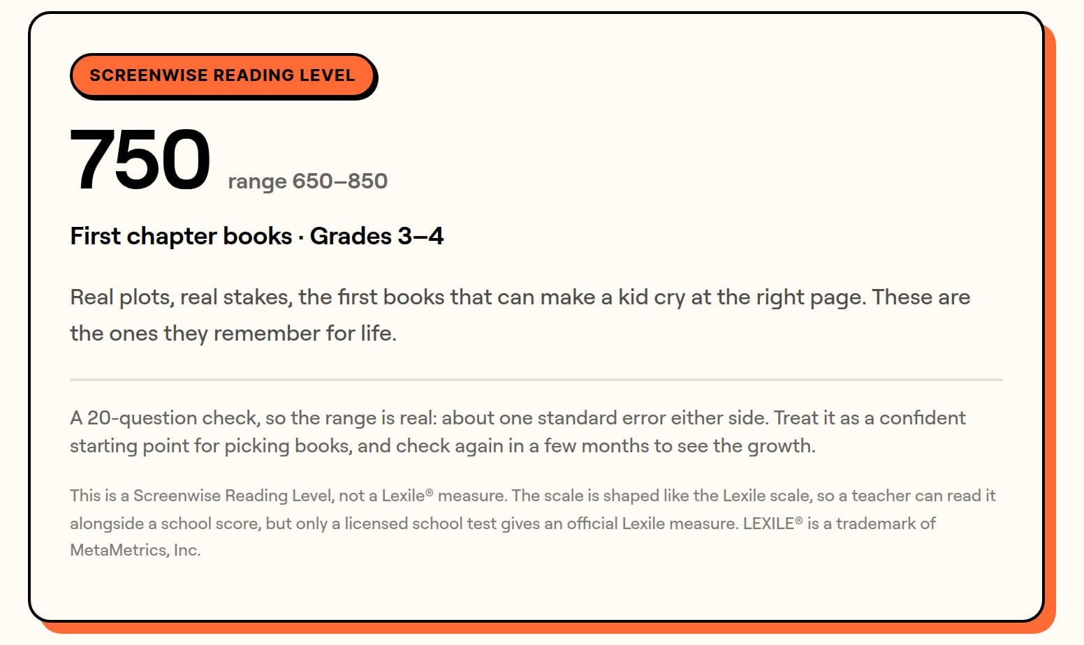 A reading check result: Screenwise Reading Level 750, range 650 to 850, First chapter books, Grades 3 to 4.