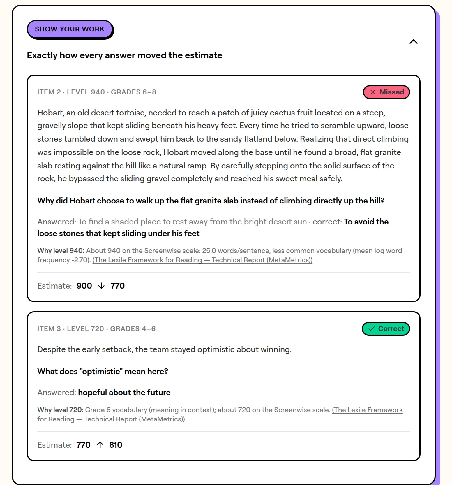 The show-your-work list: each question, the answer given, the correct answer, why the item sits at its level, and how the estimate moved.